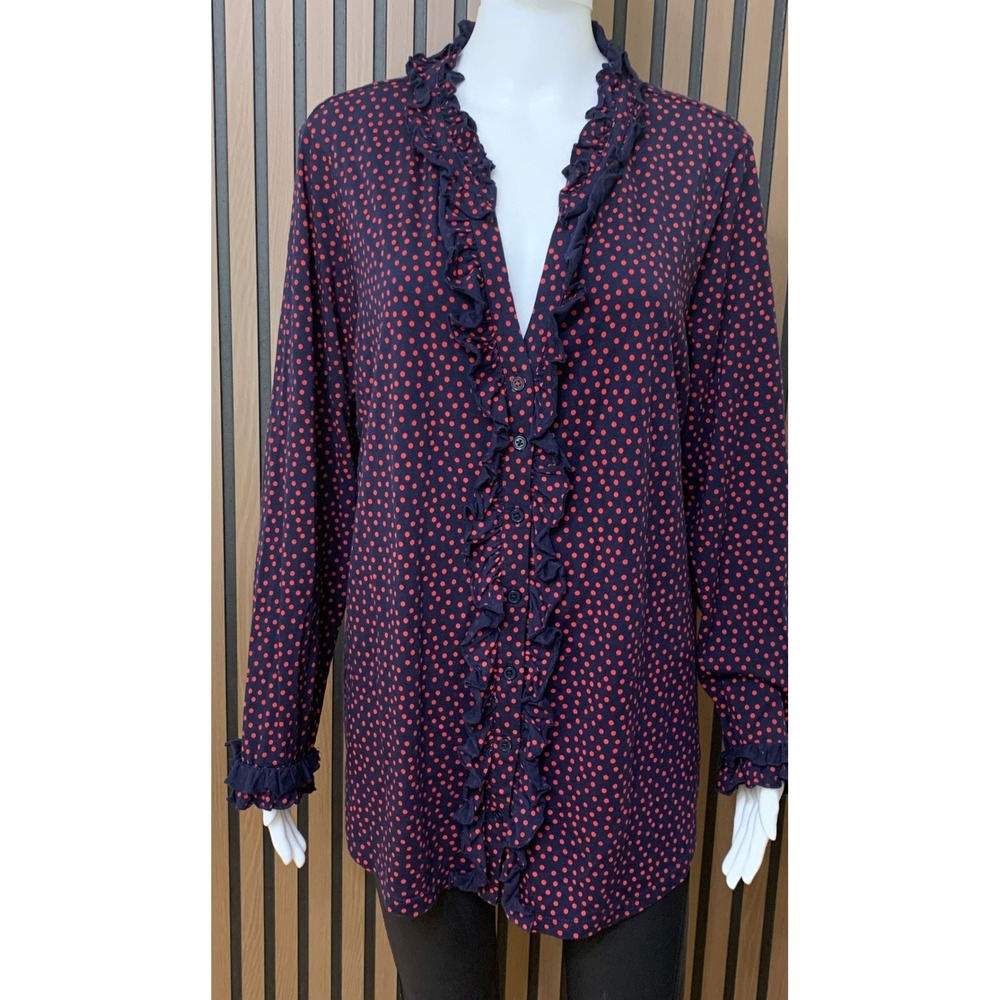 Boden Polka Dot Ruffle V-Neck Blouse Navy Red Long Sleeve Cotton Modal US 18